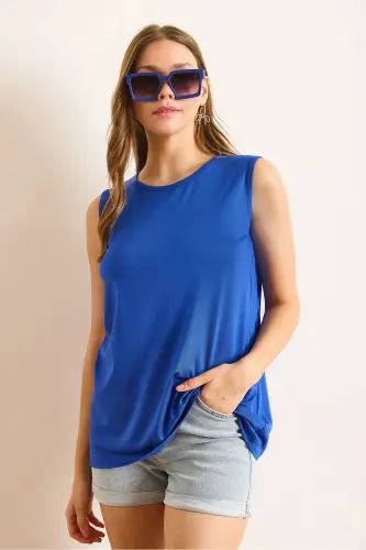 Ayol Saks Moviy Velosiped Yoqasi Uzun Yengsiz Trikotaj Viskoza Bluz BLZ-19002934-Saks Moviy - 4