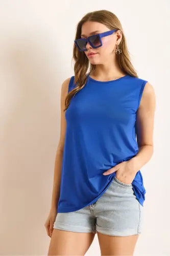 Ayol Saks Moviy Velosiped Yoqasi Uzun Yengsiz Trikotaj Viskoza Bluz BLZ-19002934-Saks Moviy - 6