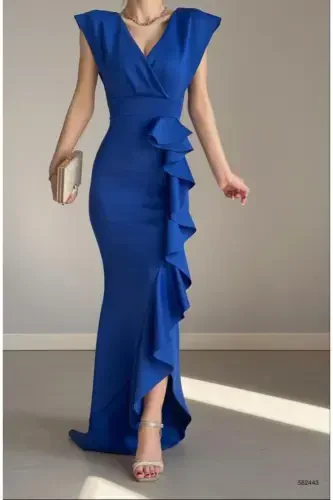 Ayol Saks Scuba G'avvos Mato Kesishgan Yoqali Yubka Volanlı Kechki Bitiruv Nikoh Kiyimi-saks - 1