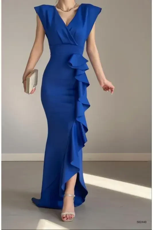 Ayol Saks Scuba G'avvos Mato Kesishgan Yoqali Yubka Volanlı Kechki Bitiruv Nikoh Kiyimi-saks - ALFUDO MODA COLLECTION