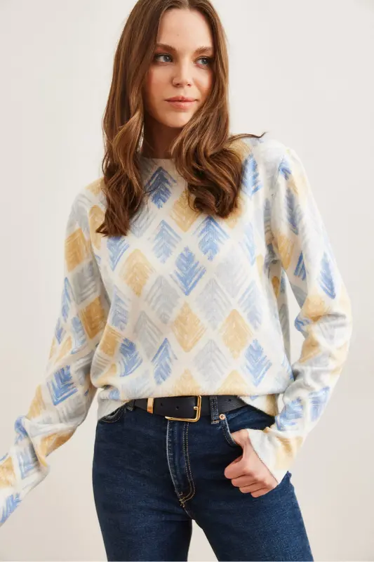 Ayol sari baklava velosiped yoqali naqshli yumshoq tuzilishli premium trikotaj kozokKZK-19000611-Sari baklava - 2