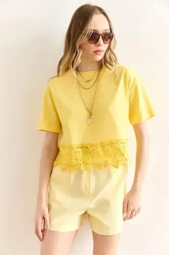 Ayol sariq yubka gipyur detalli futbolka TSH-19000873 - 3