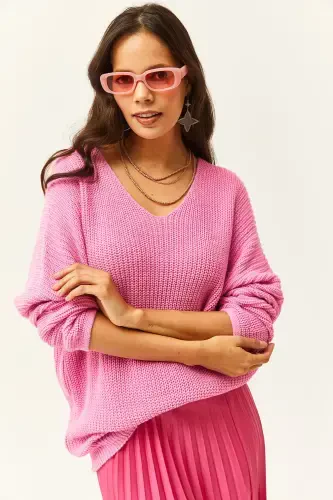 Ayol Shakar Pushti V Yoqasi Salonik O'rash Oversize Triko Tunik TNK-19000081-Shakar Pushti - OLALOOK (1)