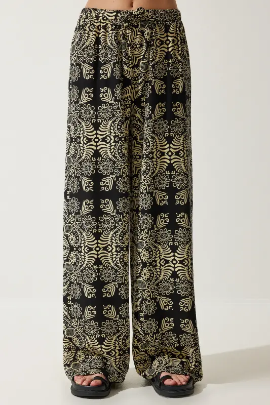 Ayol Siyoh Bej Naqshli Xom Zig'ir Palazzo Shim BH00397-Siyoh Bej - 6