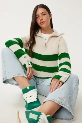 Ayol Suyak Yashil Fermuarli Baliqchi Yoqali Chiziqli Trikotaj Kozok LX00042-Suyak Yashil - 1