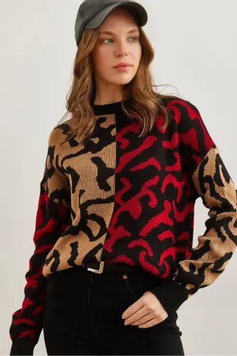 Ayol Taba Qizil Leopard Blokli Triko Ko'ylak KZK-19000832-Taba Qizil 
