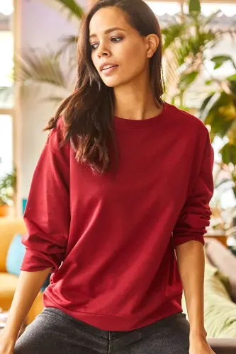 Ayol tekis bordo asosiy yumshoq fakturali keng ko'ylak SWT-19000457-tekis bordo - 4