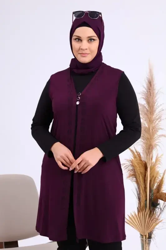 Ayol Tesettur Likrali Tugmali Uzun Ona Yelek Murdum-Murdum - 4