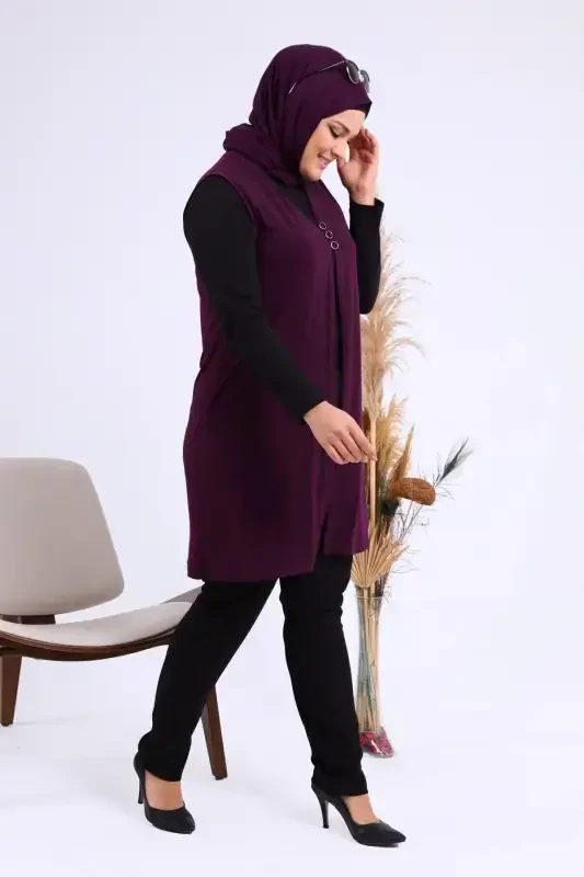 Ayol Tesettur Likrali Tugmali Uzun Ona Yelek Murdum-Murdum - 6