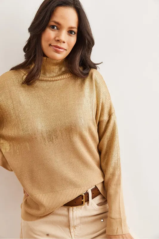 Ayol tilla yarim balıkçı metall detallı triko kofta KZK-19000726-Tilla - 5