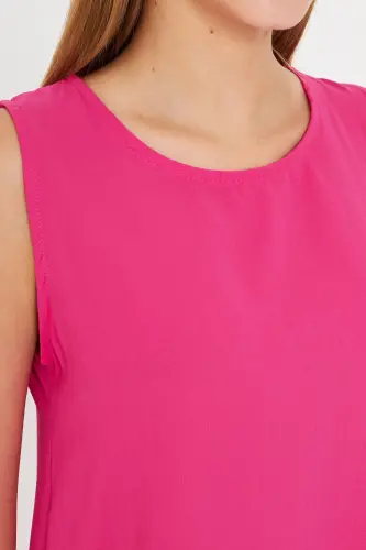 Ayol To'q Fuchsiya Yengsiz Etekli Volanli Ko'ylak ARM-18Y001156-To'q Fuchsiya - 4