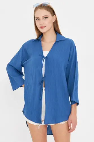 Ayol To'q ko'k ko'ylak Yoqali Oldindan bog'ichli Kimono ko'ylak ARM-25K001006-To'q ko'k - ARMONIKA (1)