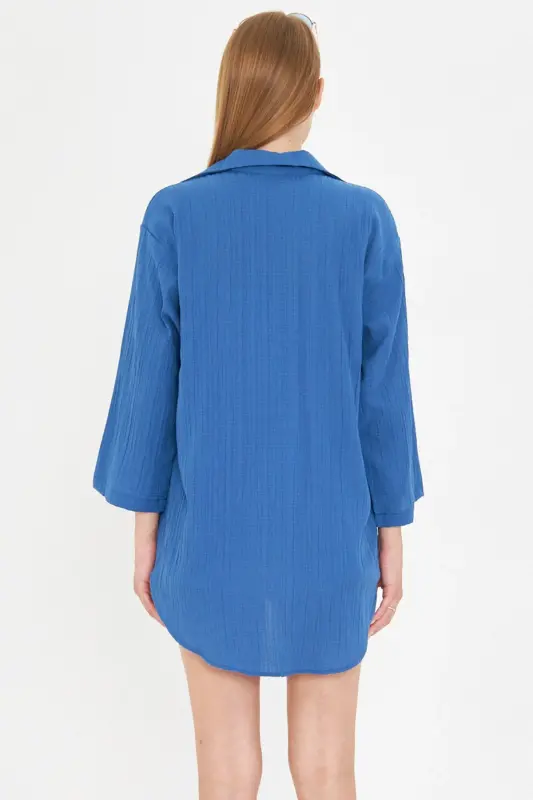 Ayol To'q ko'k ko'ylak Yoqali Oldindan bog'ichli Kimono ko'ylak ARM-25K001006-To'q ko'k - 5