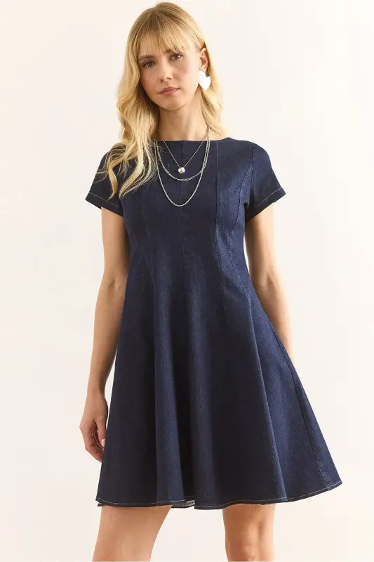 Ayol to'q ko'k orqa fermuarli bo'lakli qo'ng'iroq denim E - OLALOOK