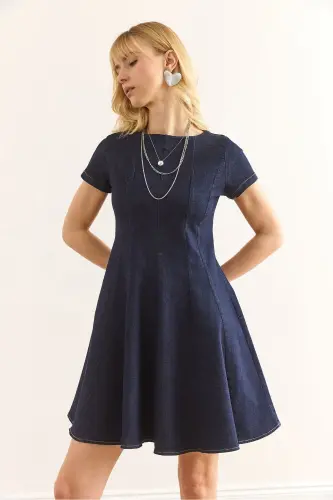 Ayol to'q ko'k orqa fermuarli bo'lakli qo'ng'iroq denim E - 3