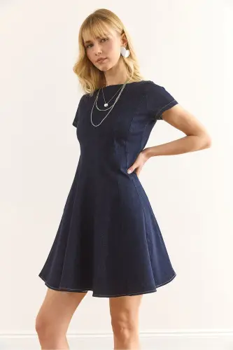 Ayol to'q ko'k orqa fermuarli bo'lakli qo'ng'iroq denim E - 5