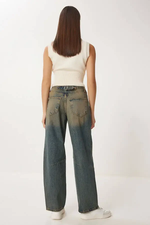 Ayol To'q ko'k Yuksak bel Oqarish effektli Baggy Jea - 5