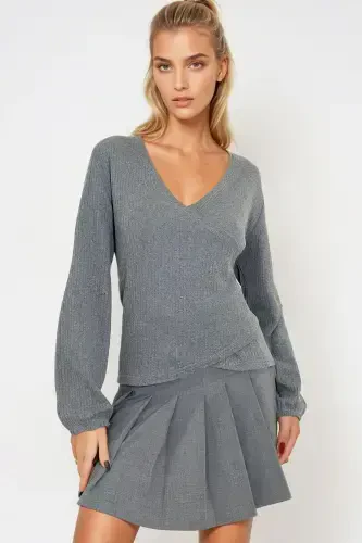 Ayol To'q Kulrang O'ralgan Yoqali Qo'li Rezinkali Bluz ALC-X12929-To'q Kulrang - 4