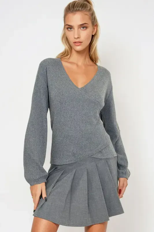 Ayol To'q Kulrang O'ralgan Yoqali Qo'li Rezinkali Bluz ALC-X12929-To'q Kulrang - 4