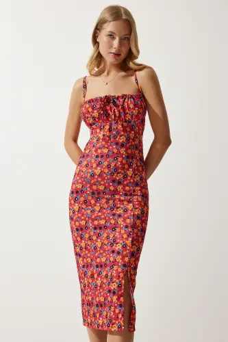 Ayol To‘q Pushti Apelsin Gullari Yirtigli Yozgi Triko Ko‘ylak CI00029-Qizil Apelsin - 1