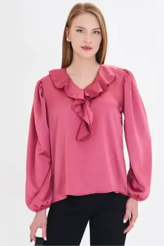 Ayol To'q pushti yoqasi burmali yelkasi büzgülü qo'li rezinkali paxta satin bluzka ARM-22K001059-To'q pushti - 2