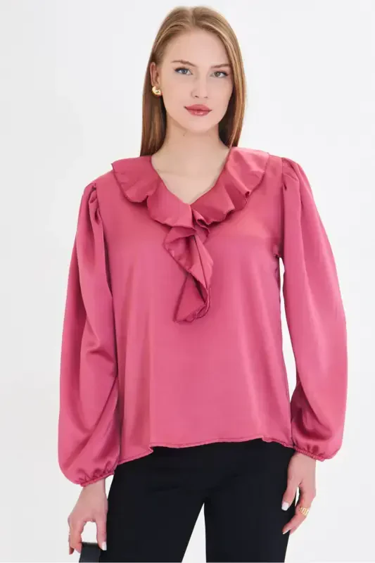 Ayol To'q pushti yoqasi burmali yelkasi büzgülü qo'li rezinkali paxta satin bluzka ARM-22K001059-To'q pushti - 2