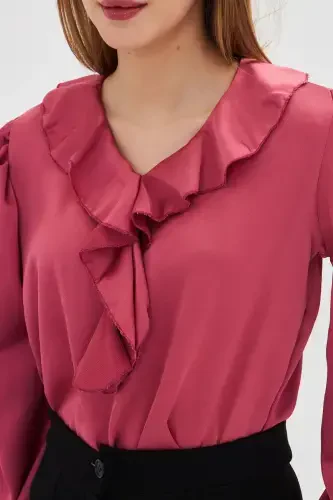 Ayol To'q pushti yoqasi burmali yelkasi büzgülü qo'li rezinkali paxta satin bluzka ARM-22K001059-To'q pushti - 4