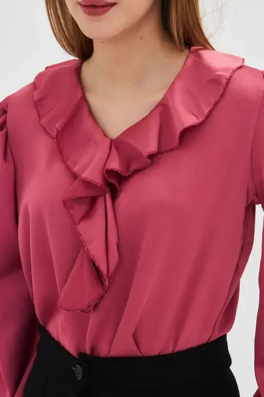 Ayol To'q pushti yoqasi burmali yelkasi büzgülü qo'li rezinkali paxta satin bluzka ARM-22K001059-To'q pushti - 4