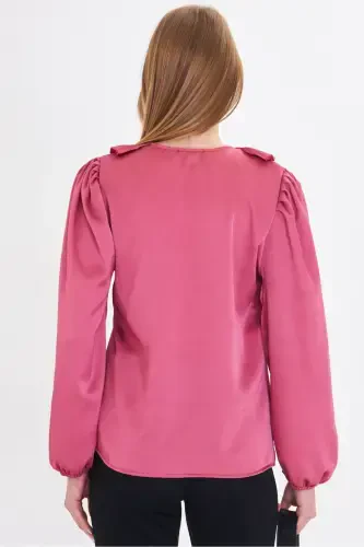 Ayol To'q pushti yoqasi burmali yelkasi büzgülü qo'li rezinkali paxta satin bluzka ARM-22K001059-To'q pushti - 5