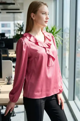 Ayol To'q pushti yoqasi burmali yelkasi büzgülü qo'li rezinkali paxta satin bluzka ARM-22K001059-To'q pushti - 7