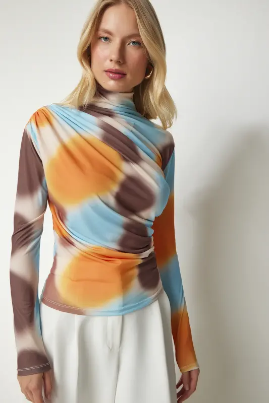 Ayol to'q sariq ko'k drape bilan tik yoqali qumli bluzka FF00138-to'q sariq ko'k - 2