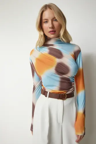Ayol to'q sariq ko'k drape bilan tik yoqali qumli bluzka FF00138-to'q sariq ko'k - 3