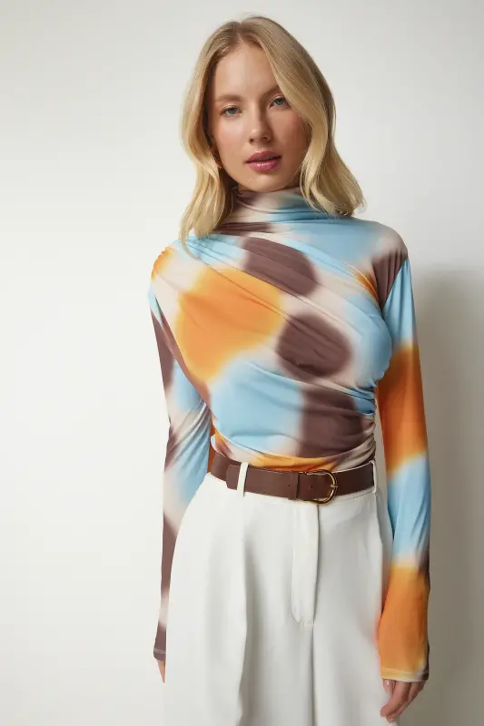Ayol to'q sariq ko'k drape bilan tik yoqali qumli bluzka FF00138-to'q sariq ko'k - 3