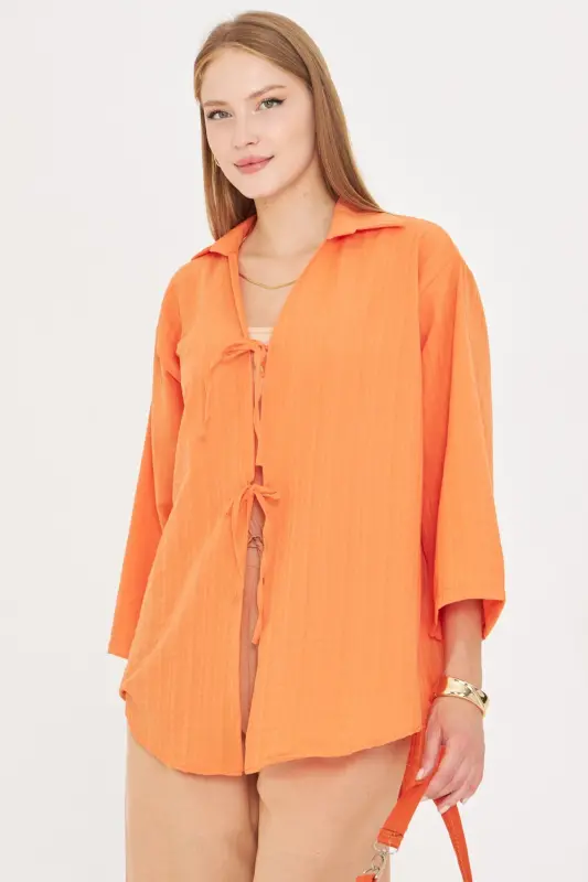 Ayol to'q sariq yoqali oldi bog'ichli kimono ko'ylak ARM-25K001006-To'q sariq - 2
