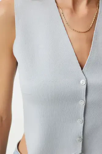 Ayol Tosh kulrang V yoqali tugmali yozgi trikotaj jilet YY00139-Tosh kulrang - 3