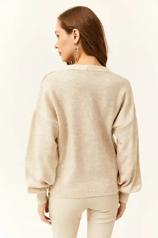 Ayol Tosh Tosh Tugmali Yumshoq To'qimli Triko Kardigan HRK-19000253-Tosh - 5