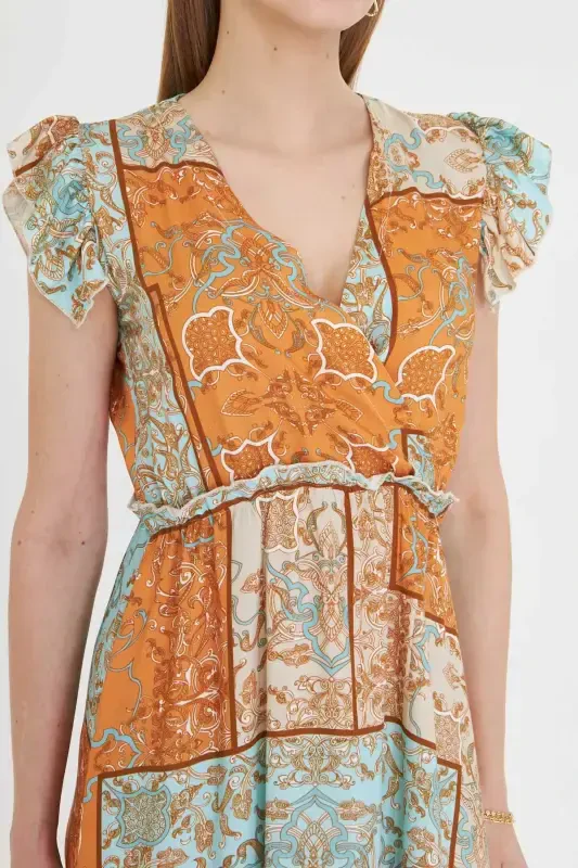 Ayol Turkuaz Kruvaze Yoqası Yelkasi Frill Tafsilotli Beli Rezinali Midi Bo'yli Ko'ylak ARM-24Y001020-Turkuaz - 3