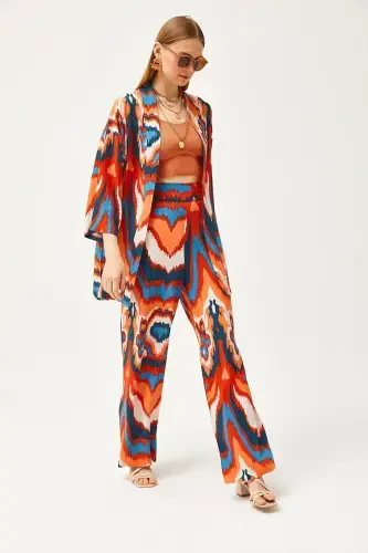 Ayol Turuncu Moviy Ust Kimono Pastki Cho'ntakli Shimlar To'plami TKM-19000276-Turuncu Moviy - 3