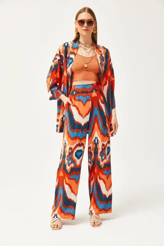 Ayol Turuncu Moviy Ust Kimono Pastki Cho'ntakli Shimlar To'plami TKM-19000276-Turuncu Moviy - 4