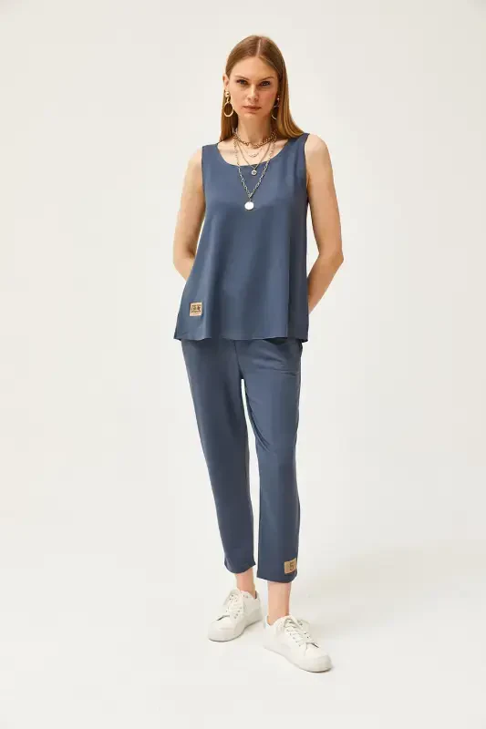 Ayol Tutun Ko'lsiz Salash Bluzkali Pastki Yuqori Kristall To'plami TKM-19000271-Tutun - 3