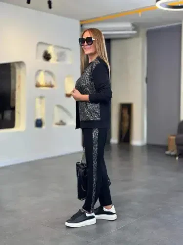 Ayol uzun yengli oldi fermuarlı leopard naqshli viskon ikki ipli bluz va shim ikki qismli kostyum - BÜYÜKBEDENIZ (1)