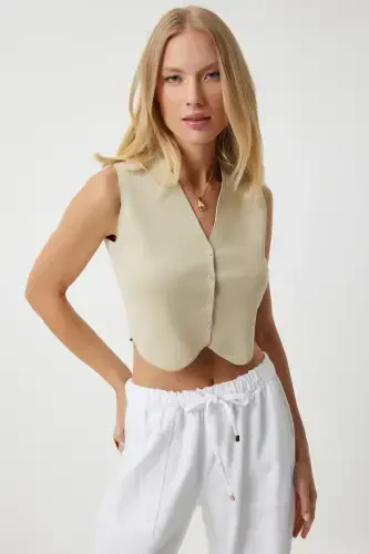 Ayol Vanilya V Yoqali Tugmali Yozgi Triko Jilet YY00139-Vanilya - 2