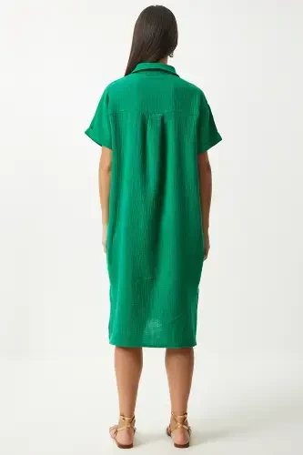 Ayol Yashil Polo Yoqali Yozgi Keng Muslin Ko'ylak TO00135-Yashil - 6