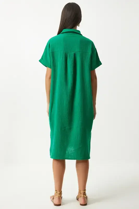 Ayol Yashil Polo Yoqali Yozgi Keng Muslin Ko'ylak TO00135-Yashil - 6