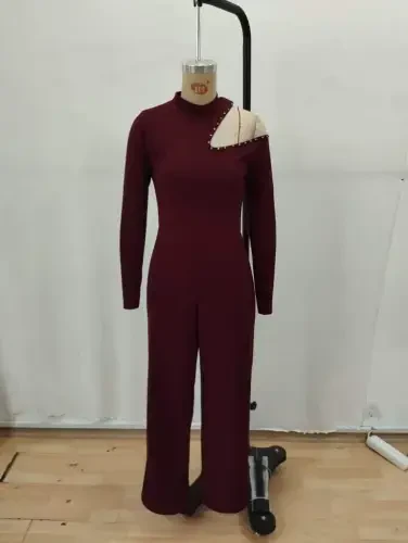 Ayol Yelkadan Ochiq Balıkçı Yaka Tosh Detalli Uzun Import Krep Tulum - 4