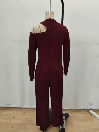 Ayol Yelkadan Ochiq Balıkçı Yaka Tosh Detalli Uzun Import Krep Tulum - 5