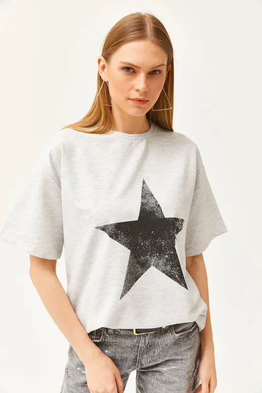 Ayol Yulduz Kulrang Old Orqa Bosmali 2 ipli Unisex Katta o'lchamli futbolka TSH-19000696-Yulduz Kulrang - 4