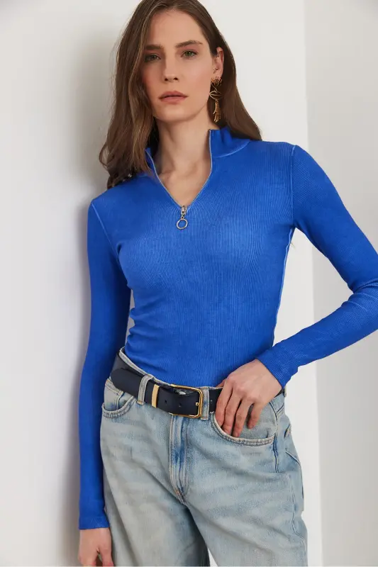 Ayol Yuvmalı Saks Moviy Fermuarli Baliqchi Yoqali Likrali Bluz BLZ-19001155-Yuvmalı Saks Moviy - 7