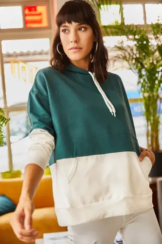 Ayol Zumrad Yashili 2 Rangli Haddi o‘lchamli Kapüşonli Sweatshirt SWT-19000228-Zumrad Yashili - 4