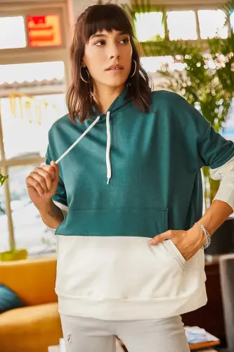 Ayol Zumrad Yashili 2 Rangli Haddi o‘lchamli Kapüşonli Sweatshirt SWT-19000228-Zumrad Yashili - 6